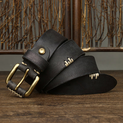 Handmade Retro First Layer Cowhide Leather Belt - Genuine Leather with Copper Pin Buckle