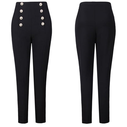 Women's High-Waist Double-Breasted Pants - Slim Fit Black Trousers