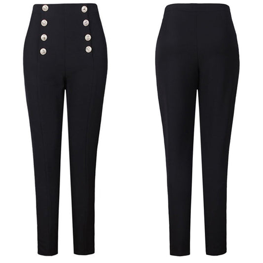 Women's High-Waist Double-Breasted Pants - Slim Fit Black Trousers