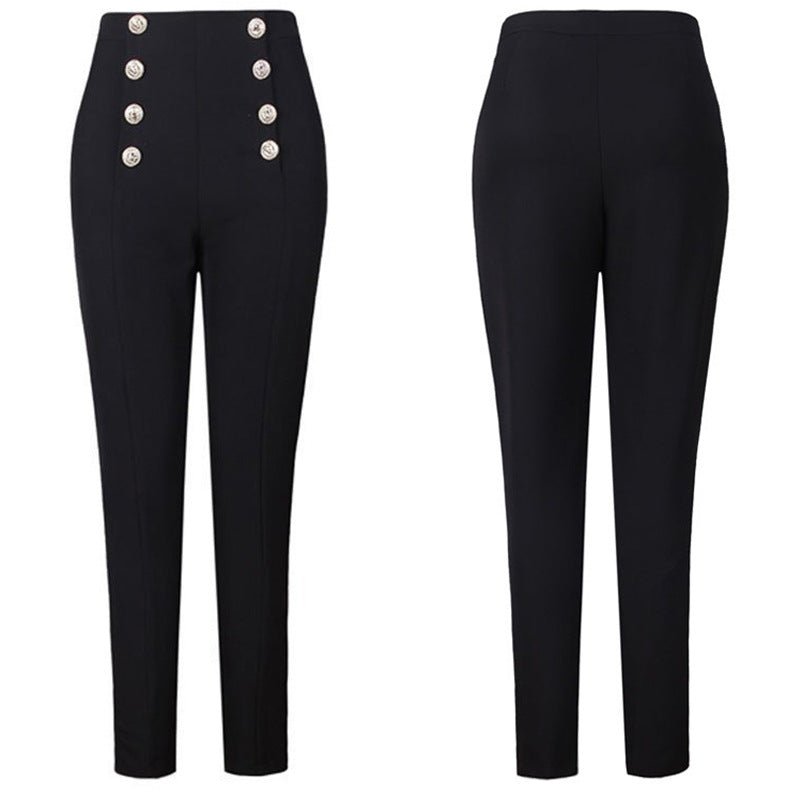 Women's High-Waist Double-Breasted Pants - Slim Fit Black Trousers
