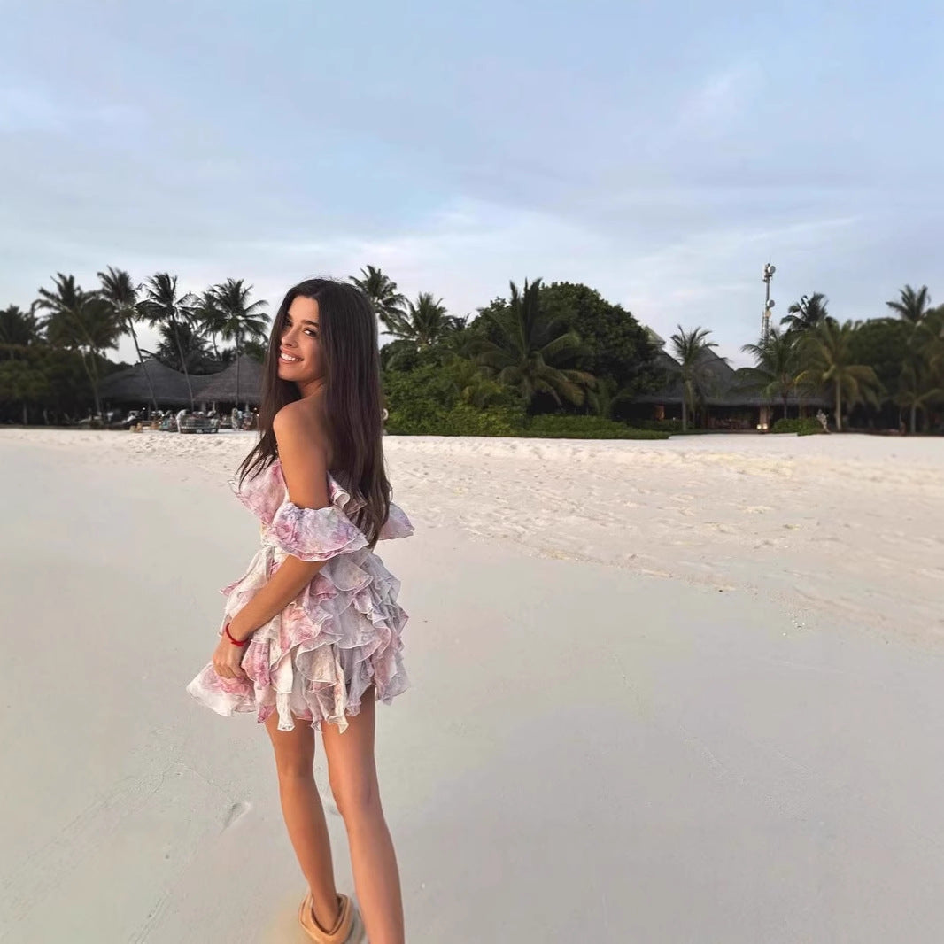 Printed Off-Shoulder Dress - Ruffled Waist Midi Dress with Bardot Neckline