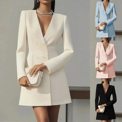 Women's V-Neck Button-Front Dress - Elegant Commuter Style