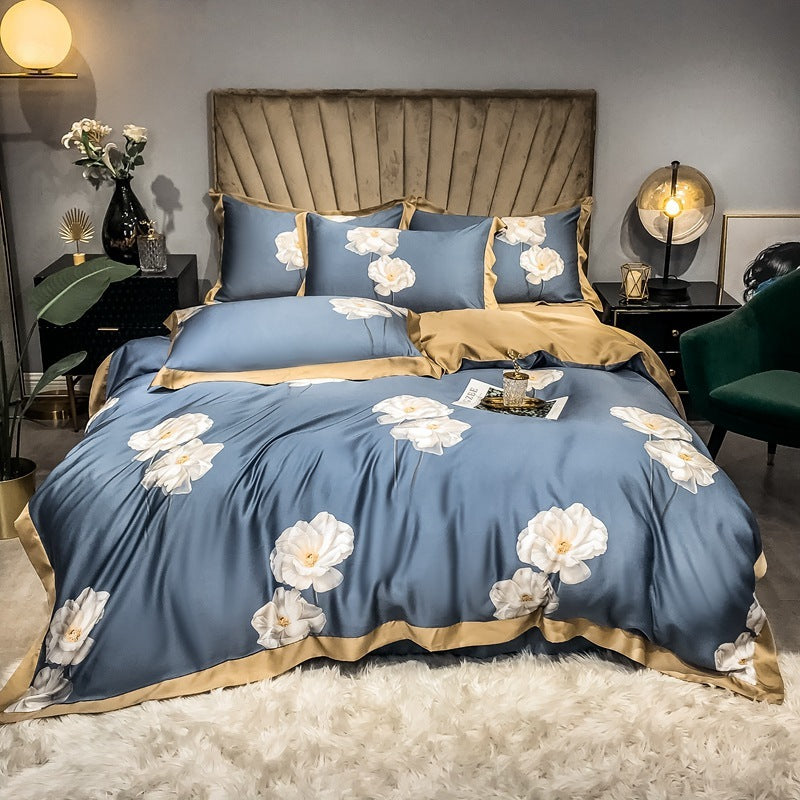 Double-Sided Ice Silk 4-Piece Bedding Set - Tencel Reactive Printed with Quilt Cover, Sheet, and 2 Pillowcases
