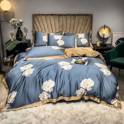 Double-Sided Ice Silk 4-Piece Bedding Set - Tencel Reactive Printed with Quilt Cover, Sheet, and 2 Pillowcases