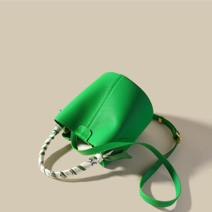 Women's Genuine Leather Bucket Bag - Advanced Texture Handbag with Drawstring Closure