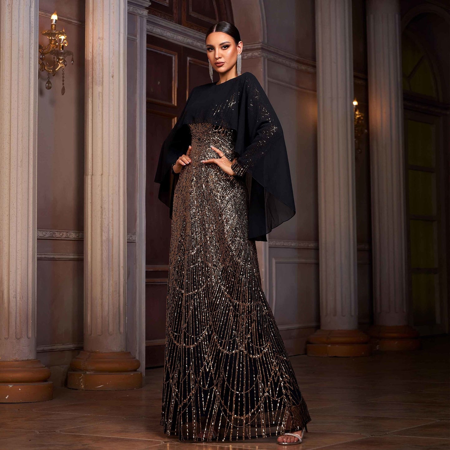 Black & Gold Sequin Long Sleeve A-Line Evening Dress | Shawl Collar Banquet Gown