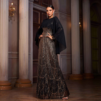 Black & Gold Sequin Long Sleeve A-Line Evening Dress | Shawl Collar Banquet Gown