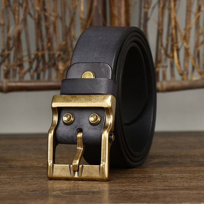 Men's Retro Washed Matte Top-Grain Leather Belt - Brass Buckle with Vegetable Tanning