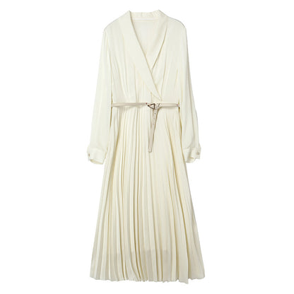 Premium Silk Patchwork Pleated Dress - Elegant Color Block Design