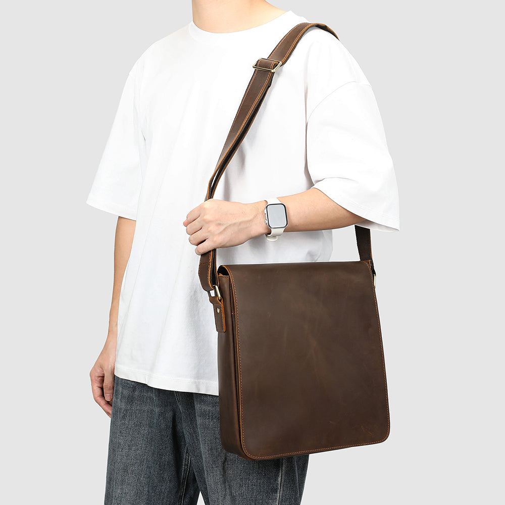 Men's Genuine Crazy Horse Leather Crossbody Bag - Retro Style