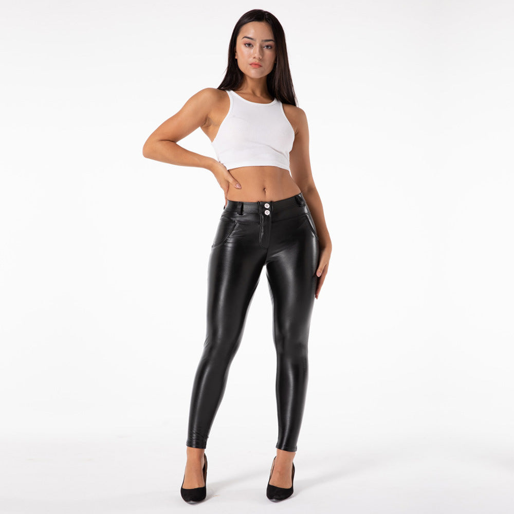 High-Waist Peach Hip-Lifting Faux Leather Pants - Shiny PU Leggings
