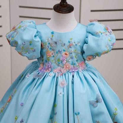 Girls Satin Princess Dress - Sleeveless Floral Party Dress with Bow