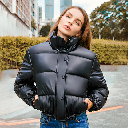 Women's PU Leather Puffer Jacket - Stand Collar Short Coat with Distressed Details
