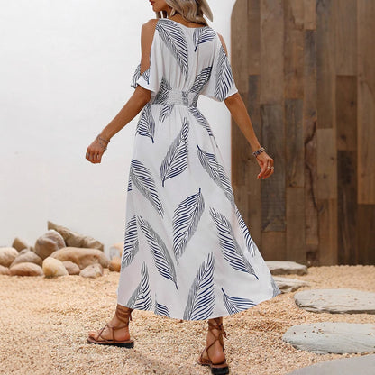 Women's Tropical Floral Print V-Neck Split Dress - Vacation Resort Dress