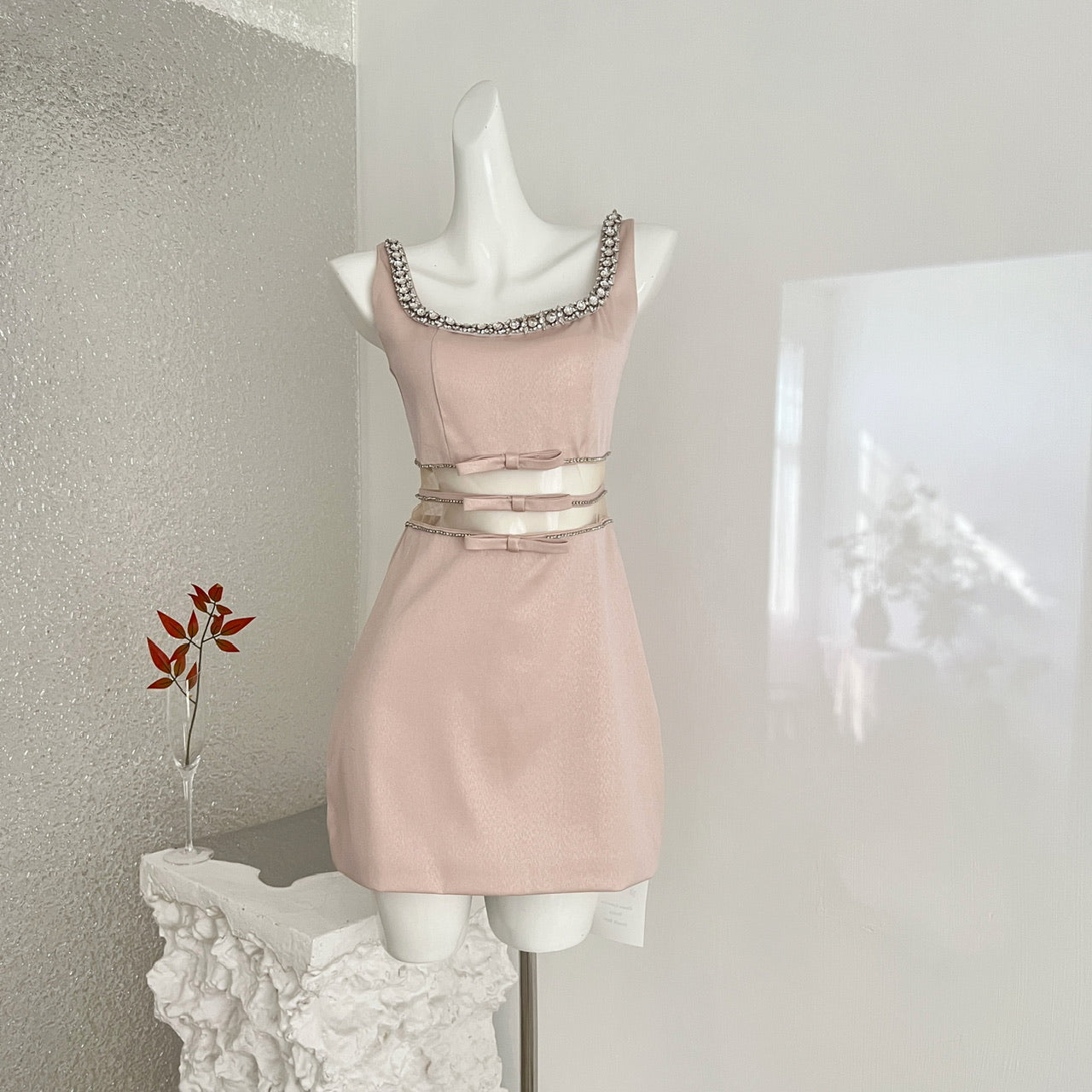 Women's Sleeveless Rhinestone Collar Bow Waist Cocktail Dress – Blush Pink Bridesmaid Gown