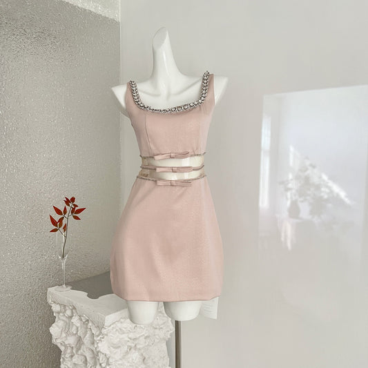 Women's Sleeveless Rhinestone Collar Bow Waist Cocktail Dress – Blush Pink Bridesmaid Gown