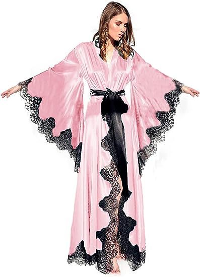 Women's Long Satin Bridal Robe with Lace Trim - V-Neck Wrap Sleepwear