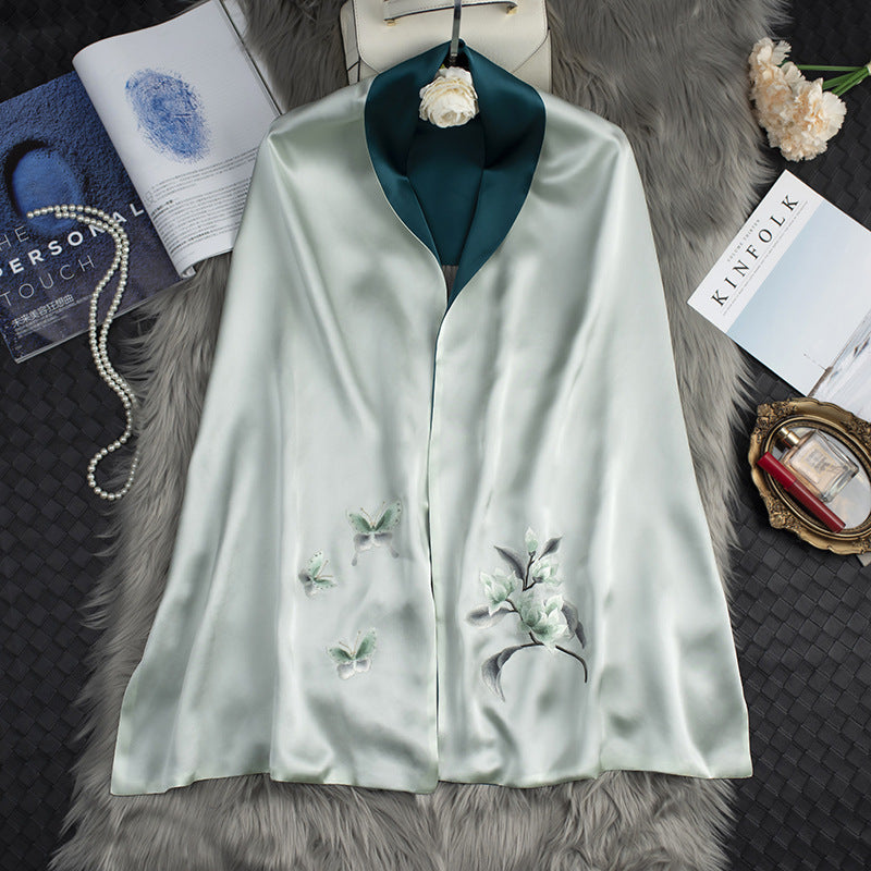 Women's Embroidered Silk Cheongsam Shawl - Hand-Embroidered Double-Layer 100% Pure Silk Scarf