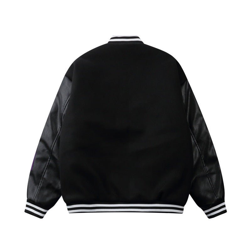 Streetwear Jacket with Smiley Face Flocking Embroidery - Contrast Color Stitching