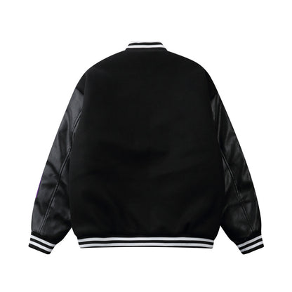 Streetwear Jacket with Smiley Face Flocking Embroidery - Contrast Color Stitching