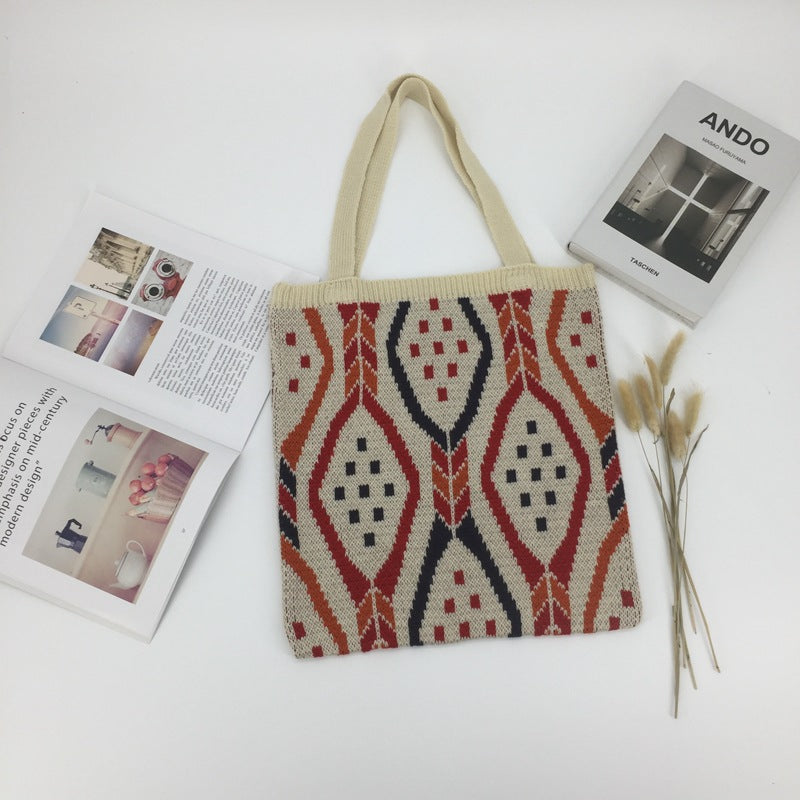 Striped Woven Tote Bag - Large Capacity Polyester Shoulder Bag