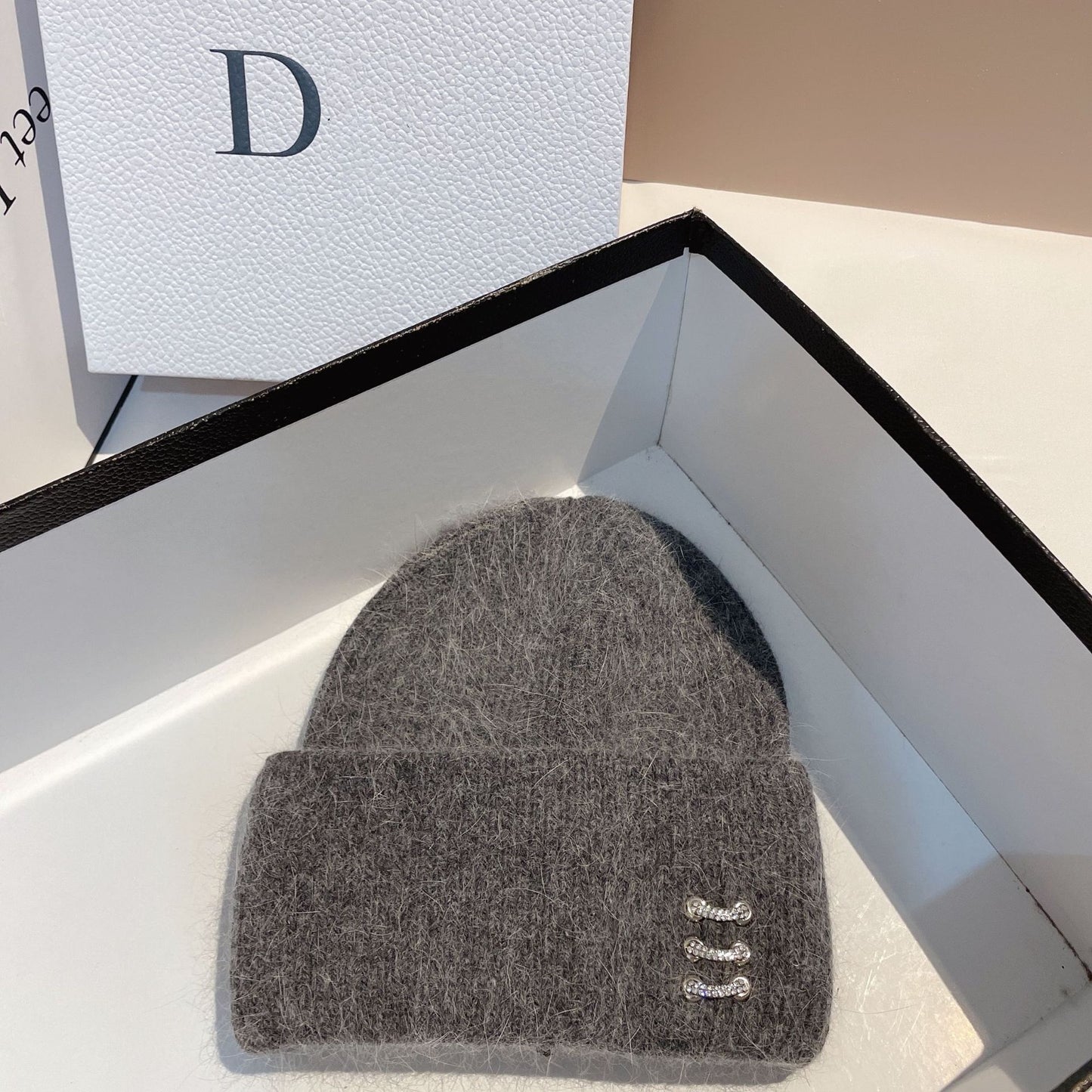 Women's Rabbit Fur Knitted Hat with Buckle - Winter Dome Crown Beanie