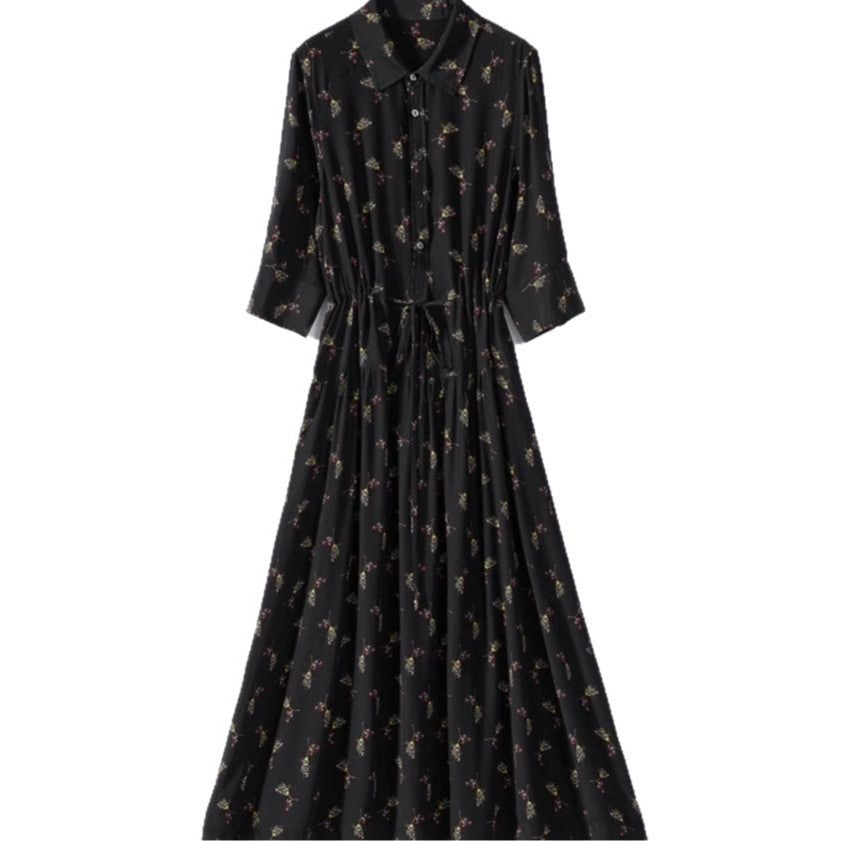 Women's Floral Mid-Length Shirt Dress - Mulberry Silk Jacquard in Classic Black