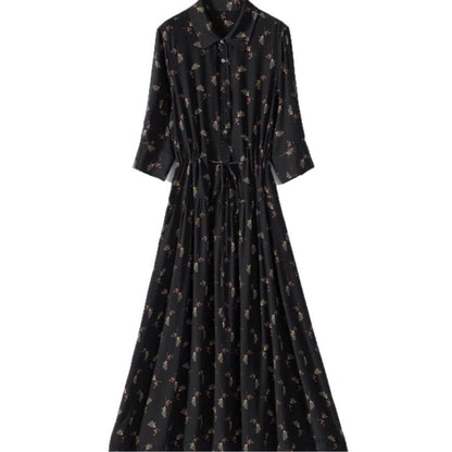 Women's Floral Mid-Length Shirt Dress - Mulberry Silk Jacquard in Classic Black
