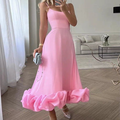 Chiffon A-Line Maxi Dress with 3D Floral Detail - Sleeveless Swing Dress with Suspenders