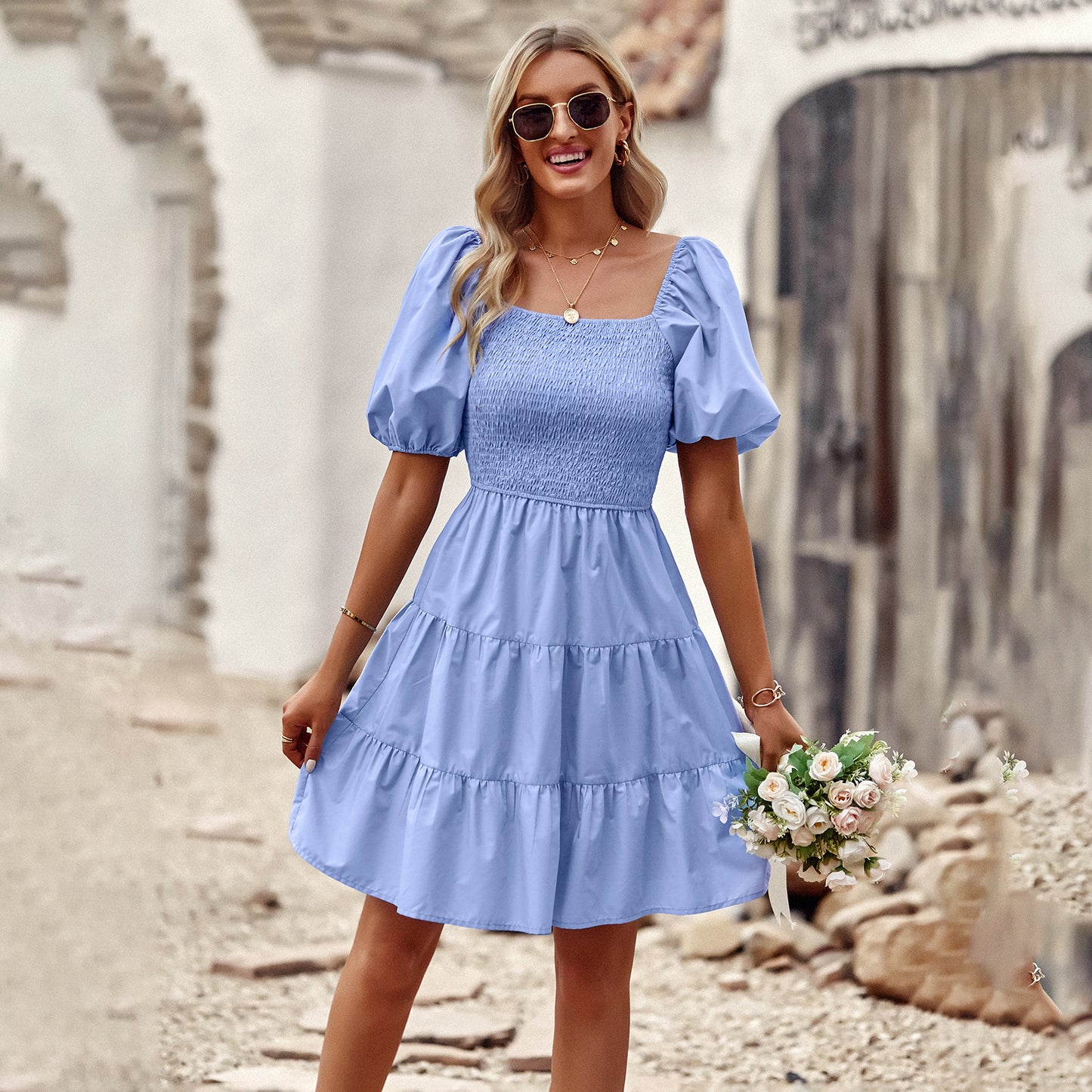Square Neck Puff Sleeve A-Line Dress - Short Sleeve Mini Dress