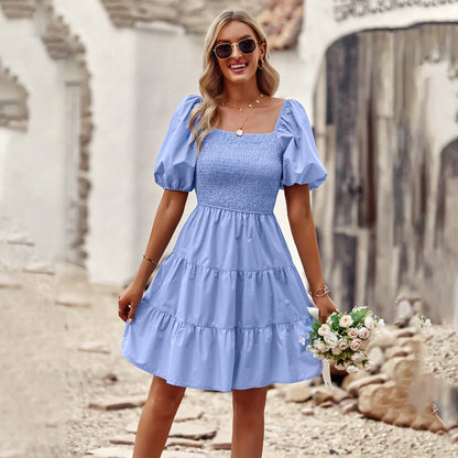 Square Neck Puff Sleeve A-Line Dress - Short Sleeve Mini Dress