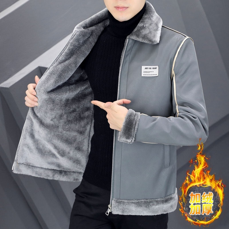 Men's Warm Suede Leather Coat - Velvet Lined Cotton Padded Jacket with Fur Collar