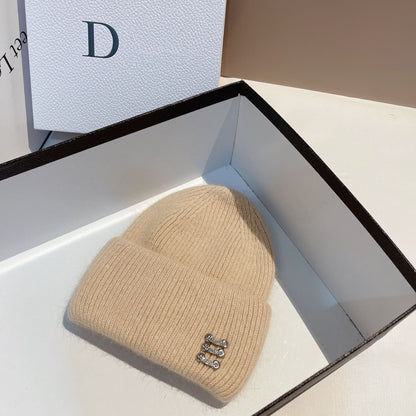Women's Rabbit Fur Knitted Hat with Buckle - Winter Dome Crown Beanie