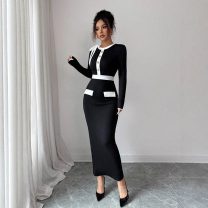 Women's Black and White Color-Block Dress - Long Sleeve Patchwork Pullover