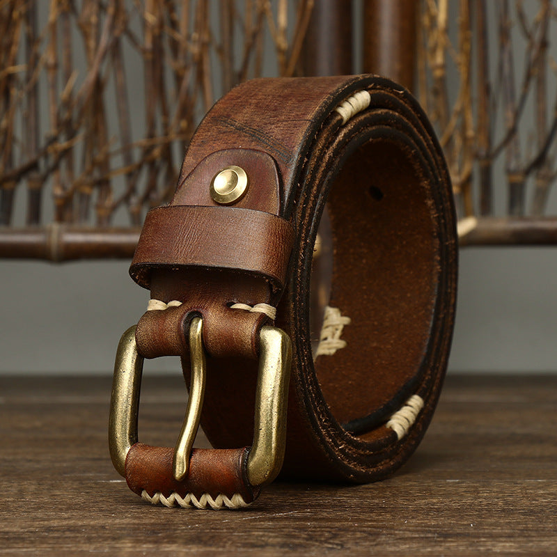 Handmade Retro First Layer Cowhide Leather Belt - Genuine Leather with Copper Pin Buckle