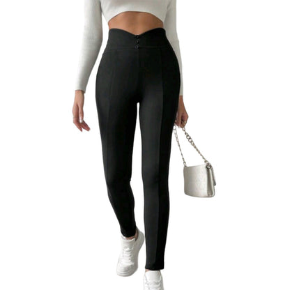 High Waist Brushed Leggings - Button Detail Casual Pants