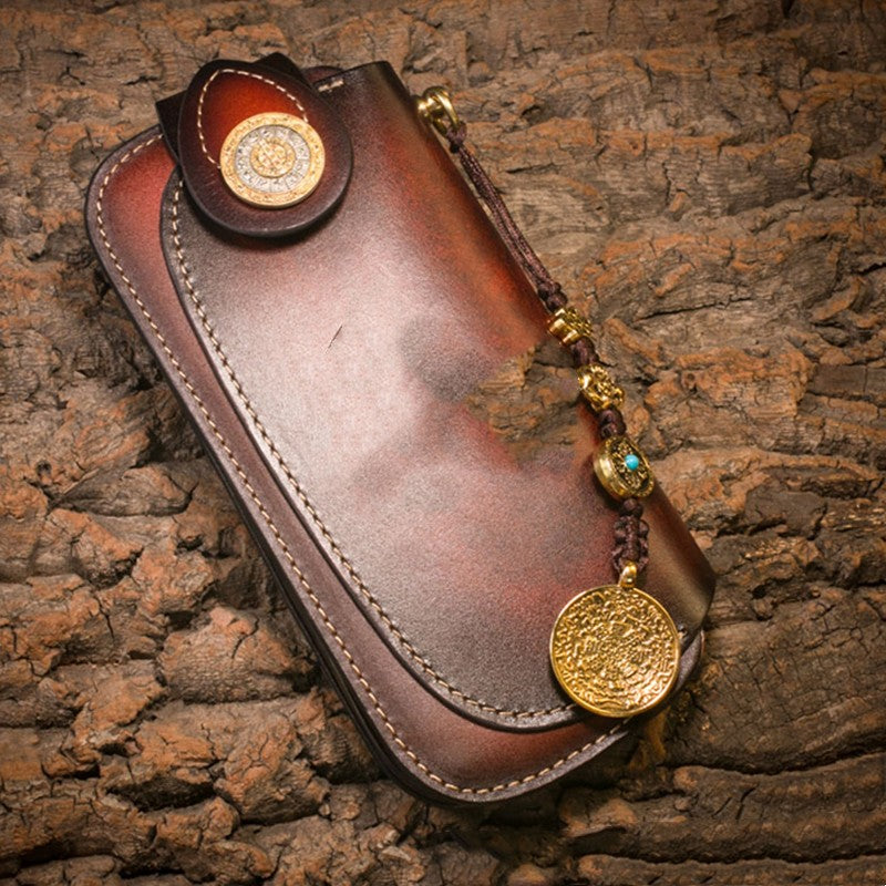 Men's Cowhide Leather Embossed Wallet - Long Bifold with Zipper Closure and Artistic Designs