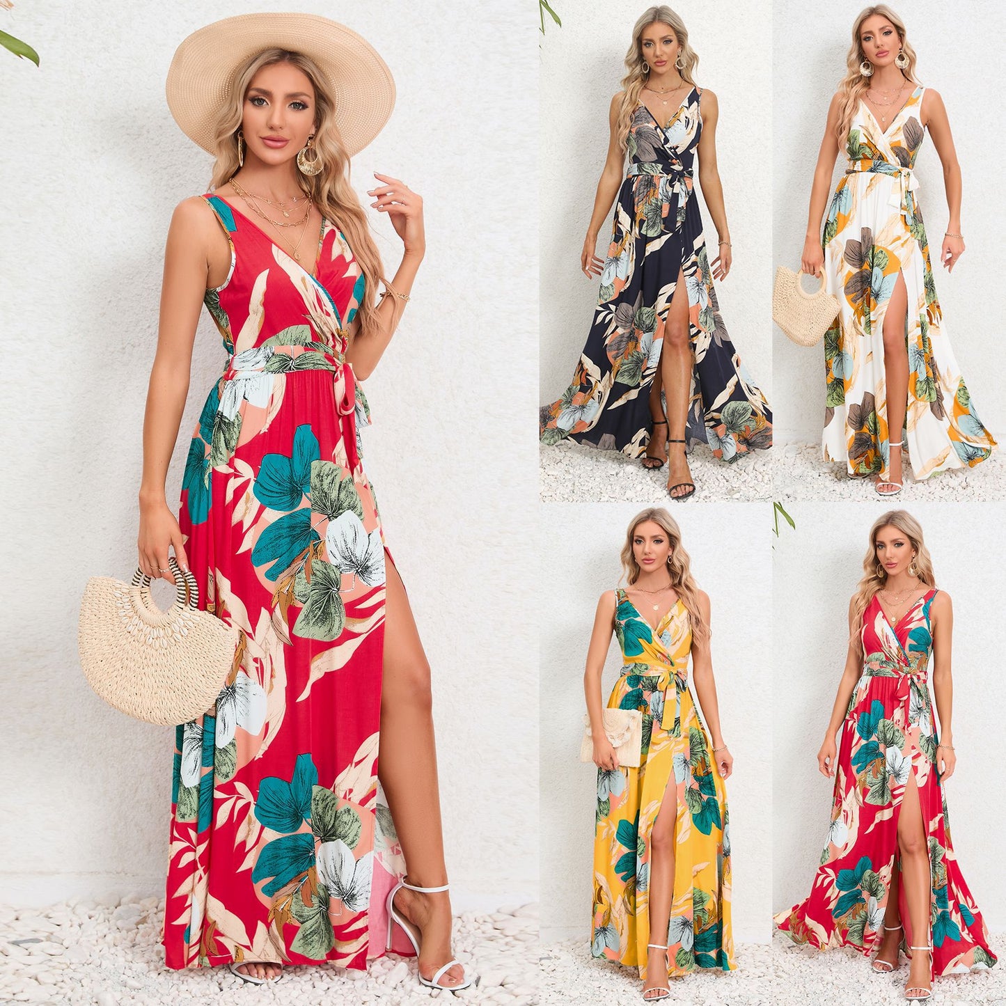 V-Neck Floral Print Maxi Dress - Sleeveless Summer Dress with Waist Tie and Slit
