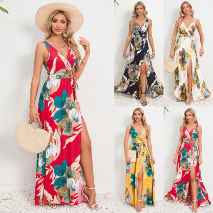 V-Neck Floral Print Maxi Dress - Sleeveless Summer Dress with Waist Tie and Slit