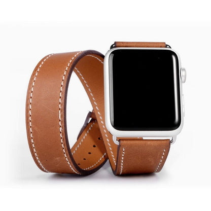 Classic Double Tour Genuine Leather Smartwatch Strap - Elegant Wrap-Around Band