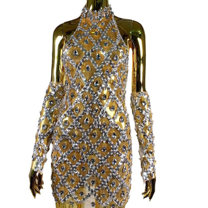 Women's Rhinestone Plaid Sequin Mini Dress – High Waist Three-Quarter Sleeve Fitted Dress with Gloves