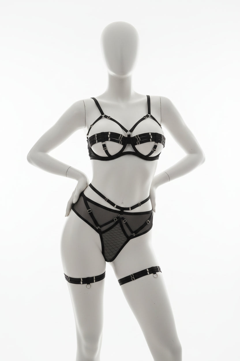 Women's Corset Bra and Panty Set with Leg Rings - Supportive Polyester Lingerie