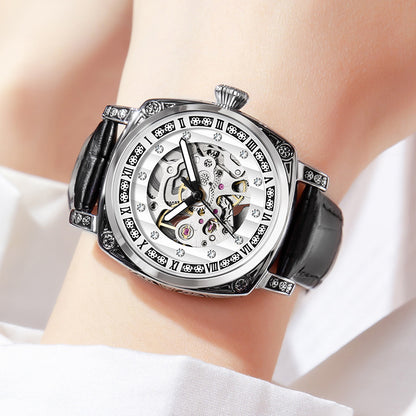 Fashion Mechanical Watch | Luminous Hands | 10m Water Resistant | Leather & Steel Strap | White, Black, Red, Steel Strip