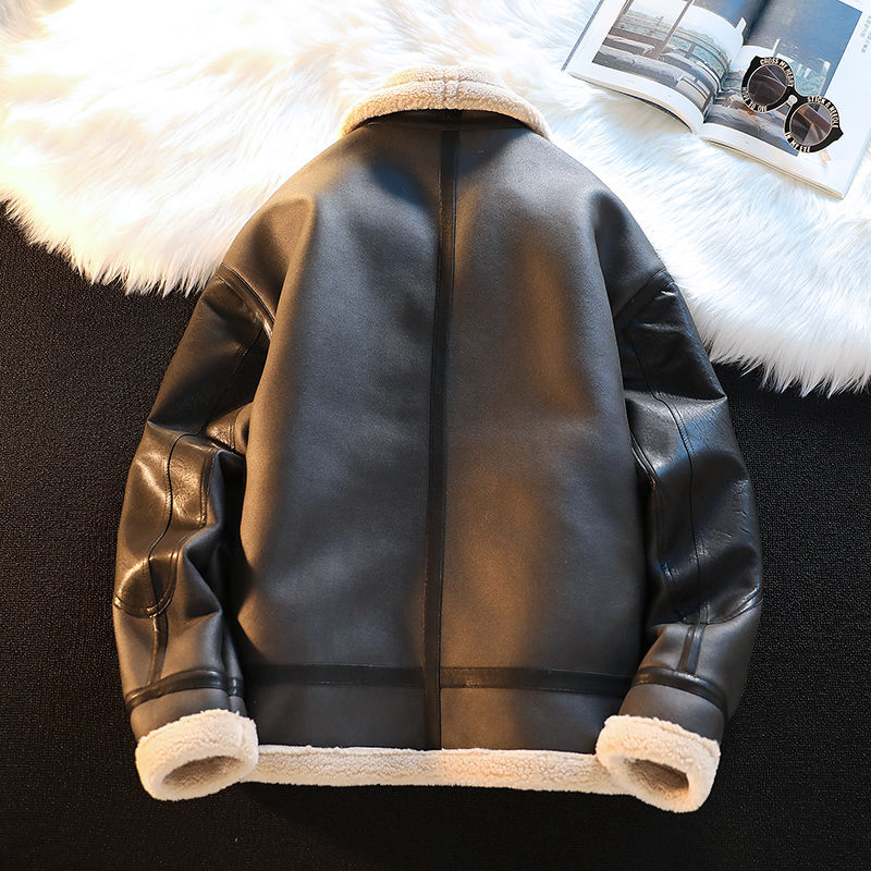 Men's Winter Fleece-Lined PU Leather Jacket with Lamb Wool