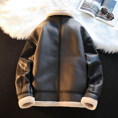 Men's Winter Fleece-Lined PU Leather Jacket with Lamb Wool