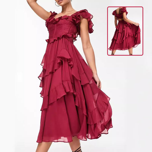Women's Summer Ruffled Short-Sleeve Backless Square Neck Maxi Dress