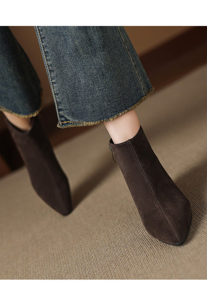 Low Heel Suede Ankle Boots - Women's Cow Suede Boots with Side Zip