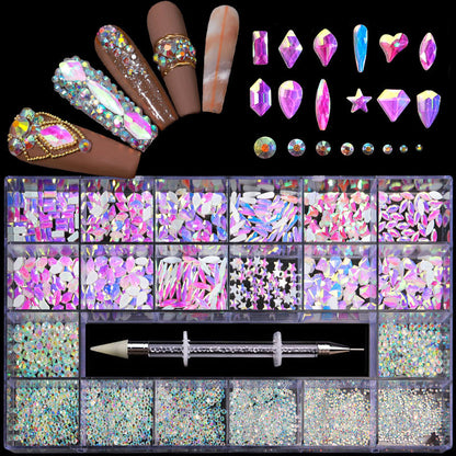 21-Grid Nail Rhinestone Decoration Set - Flat Glass Acrylic Nail Art Jewelry