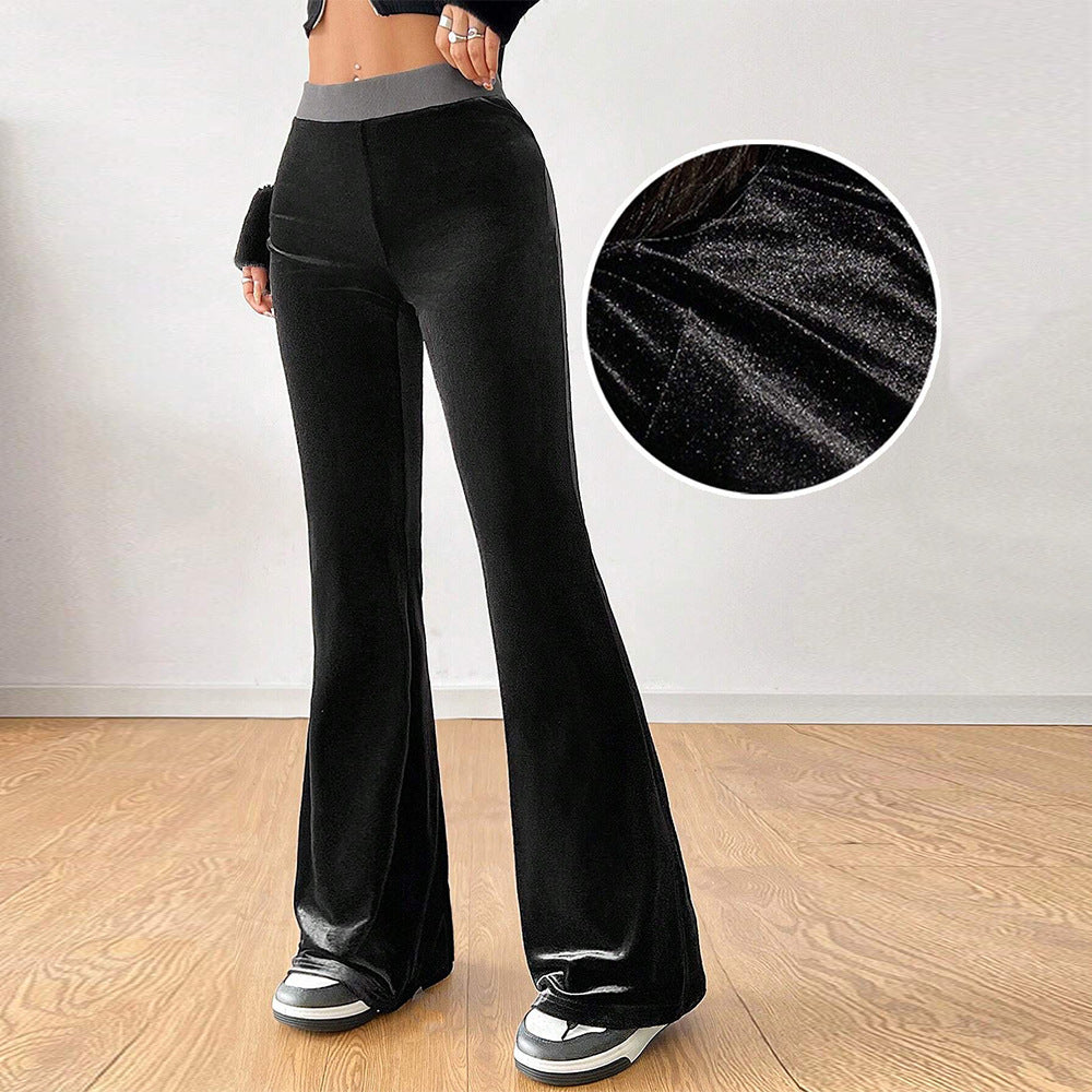 Women's Velvet Wide Leg Casual Pants - High Waist Elastic Waist Trousers