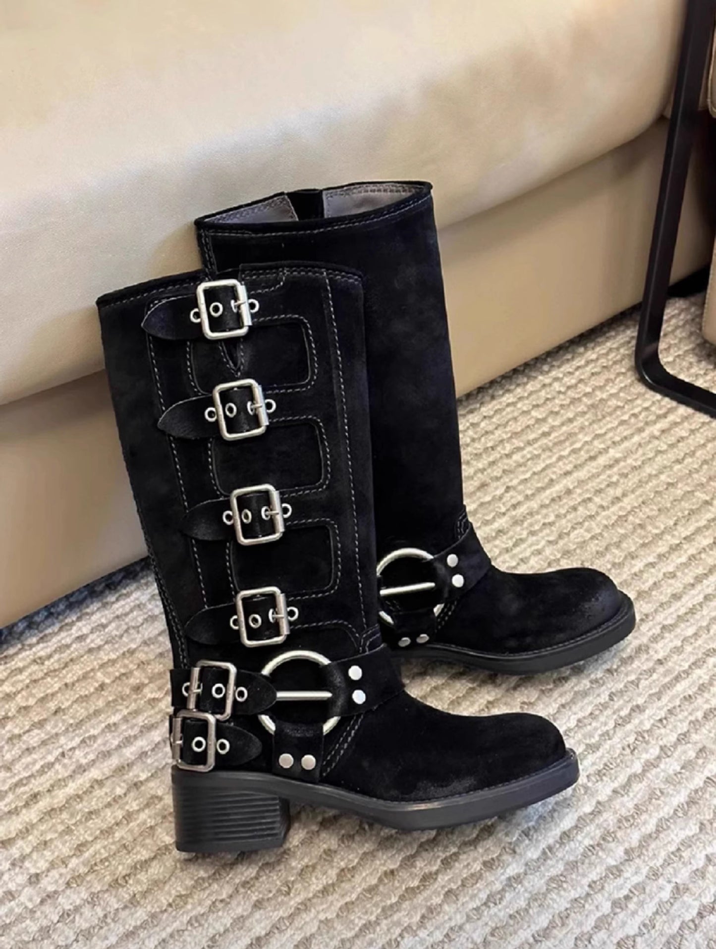 Genuine Leather Cowboy Boots - Vintage Knight Belt Buckle High Tube Boots